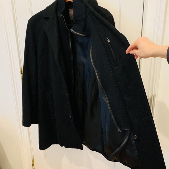 Cole Haan Men's Black Wool-blend Contrast-bib Car Coat Large - Picture 9 of 16